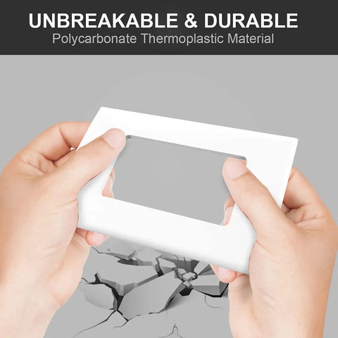 One Gang Decorator Wall Plate Cover 10 Pack for Light Switches and Receptacles Dimmers GFCI USB Outlets White Finish Standard Size 4.52 by 2.75 Inches Easy Install No Fuss, shown in hands demonstrating durability and strength.
