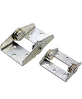 Perspective view of stainless steel damping torque door hinge components with rollers and multiple screw holes.
