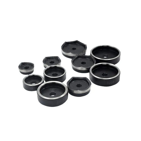 Hydraulic Knockout Punch Driver Kit With Hole Dies Half Inch To Four Inch Range, Hole Sizes From 16mm To 114mm, set of metal hole dies