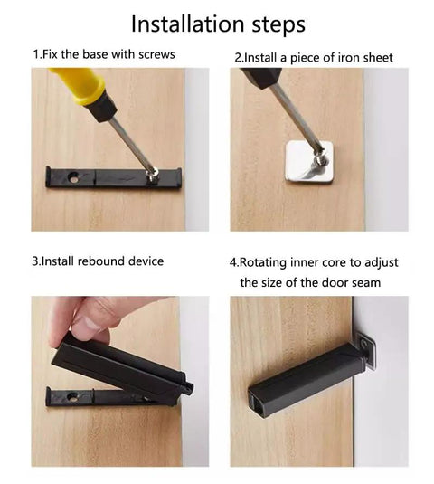Installation steps for 4 Pack Magnetic Push Latch Kit for Hidden Cabinets and Drawers, showing tools and parts in white finish.