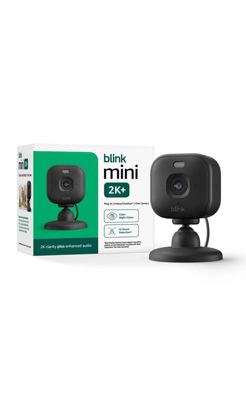 Mini 2K Plus Plug In Indoor Security Camera For Home And Pets with packaging, featuring 2K video and night vision, in black.