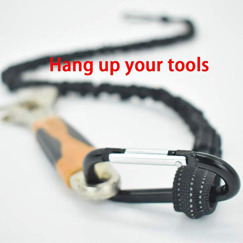 Tool Lanyard 10 Pack Safety Tool Leash Fall Protection Gear for tools with carabiner and wrench attached, close-up view.