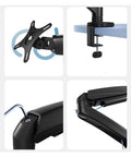 Close-up of Rock Solid Single Monitor Desk Mount With Smooth Floating Arm installation details, showcasing clamp and pivot features.