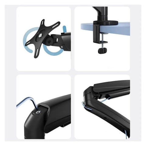 Close-up of Rock Solid Single Monitor Desk Mount With Smooth Floating Arm installation details, showcasing clamp and pivot features.