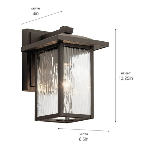 Capanna 1-Light Outdoor Wall Light In Olde Bronze With Clear Water Glass showing dimensions: 10.25 in H x 6.5 in W x 8 in D