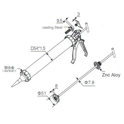 Diagram of Dual Use Sausage Caulk Gun Kit With 15 Inch Barrel For 20 Oz Sausage Foil Packs Or Standard Cartridges Includes 2 Cone Nozzles