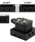 Universal Air Ride Suspension Solenoid Valve 1/4 NPT 12V with control box, remote, and visible NPT ports for cars and motorcycles.