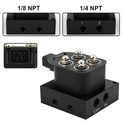 Universal Air Ride Suspension Solenoid Valve 1/4 NPT 12V with control box, remote, and visible NPT ports for cars and motorcycles.