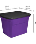 Hella Spacious 18 Gallon Storage Tote With Snug Snap Lid, Stackable Plastic Bins For No Sweat Closet Organization, Durable Handle Grips, Opaque Purple Build, 16 Piece Set dimensions with lid on.