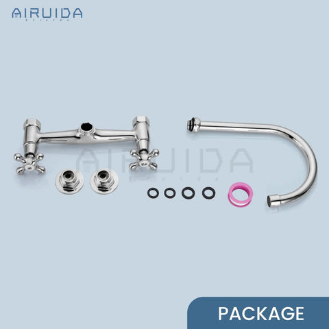 Wall Mount Commercial Kitchen Faucet With 360 Degree Swivel Spout 8 Inch Center Heavy Duty Solid Brass Body Chrome Finish parts package
