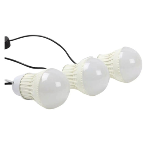 Portable Solar Camping Lantern And Phone Charger Generator System For Outdoor Emergency Backups with three LED bulbs on a wire.