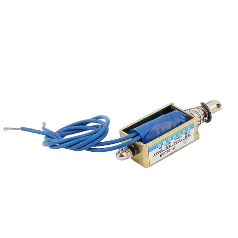 DC Solenoid Electromagnet 12V 300mA Pull Push Type With 5N Force And 10mm Stroke Metal Body In Blue Gold Tone Reliable Performance For DIY Projects Industrial Gadgets And Enclosures, blue wire lead