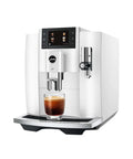 Sweet Renewed Automatic Coffee And Espresso Machine In Piano White Delivers A Killer 17 Drink Menu Programmable Brew Settings Precision Integrated Milk Frother For Daily Kitchens with a glass of coffee.