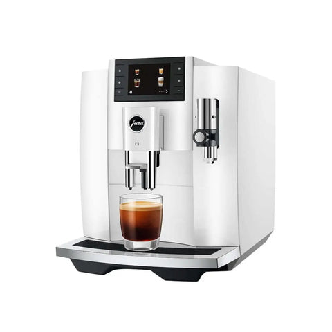 Sweet Renewed Automatic Coffee And Espresso Machine In Piano White Delivers A Killer 17 Drink Menu Programmable Brew Settings Precision Integrated Milk Frother For Daily Kitchens with a glass of coffee.
