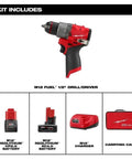 Brushless Motor Half Inch Electric Drill Driver Kit with batteries, charger, and carrying case included in the set.
