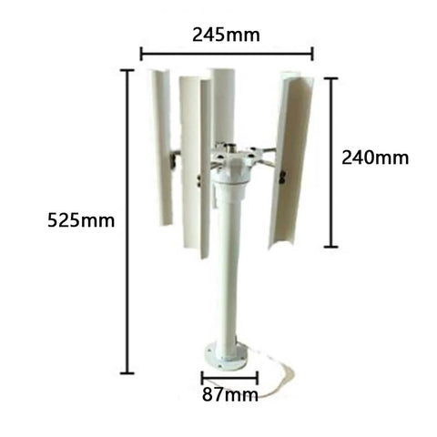 35W Vertical Axis Wind Turbine With 5 Blade Portable Breeze Generator, showing dimensions and structure detail