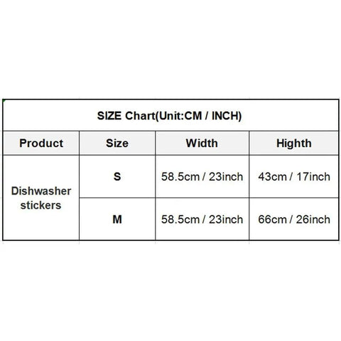 Size chart showing dimensions of dishwasher stickers in small and medium sizes in cm and inches.