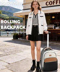 Woman with 40L rolling travel backpack for women outside a cafe