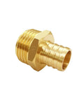Close-up of a solid brass garden hose connector set, three-quarters inch GHT male to PEX barb for quick repair end splice.