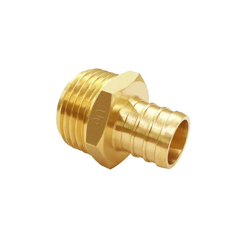 Close-up of a solid brass garden hose connector set, three-quarters inch GHT male to PEX barb for quick repair end splice.