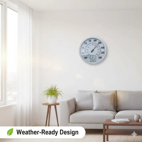Outdoor Thermometer And Hygrometer, 10 Inch Round White Dial, Waterproof Wall Mount For Patio Garden Garage And Home, Rugged And Easy To Read Temperature And Humidity Monitor Built For All Weather Use mounted indoors on a white wall