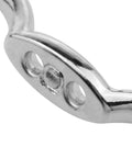 Close-up of beefy metal cord cleat with double hole for wall mounting, part of a four piece set for blinds, awnings, and outdoor poles.