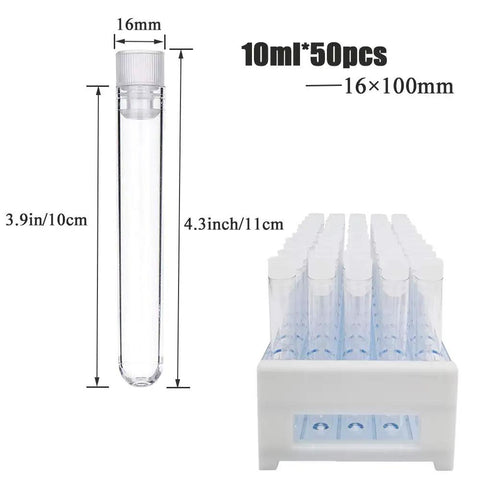 50 Pcs Clear Plastic Test Tubes With Rack And Caps, 16x100mm 10ml Capacity, 50 Hole Tube Rack for experiments and storage.