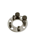 Camshaft pulley holder tool, round metal flange with five studs and knurled knobs, silver