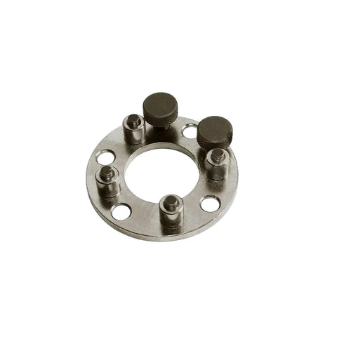 Camshaft pulley holder tool, round metal flange with five studs and knurled knobs, silver