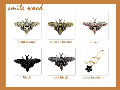 Honeybee turn-lock clasp set (5 pcs) with 1 keychain; metal finishes in light bronze, antique bronze, silver, black.