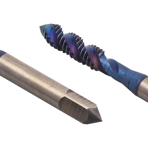 Close-up view of Spiral Flute Tap from a 6-Piece SAE Thread Tapping Kit for metal, wood, and plastic with sharp high-speed steel design.