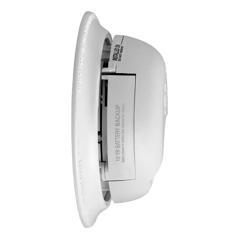 Hardwired AC Smoke Alarm With 10 Year Sealed Battery Backup And Smart Sensing Tech viewed from the side, showcasing battery backup feature.
