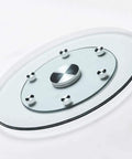 Heavy Duty Tempered Glass Lazy Susan Turntable With Large Rotating Serving Tray and 360 Degree Smooth Spin Anti Collision Edge Built Solid for a Total Game Changer Kitchen Table Setup, top view with polished metal base.