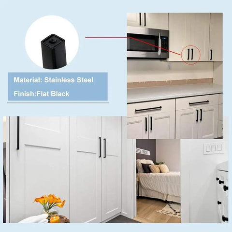 Black Square Bar Cabinet Pulls 30 Pack 76mm Hole Center Durable Stainless Steel Drawer Handles for kitchen cupboards in use.