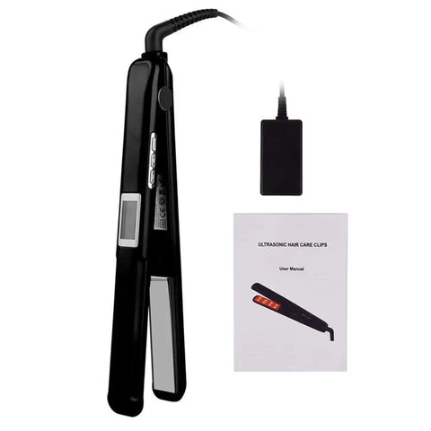 Infrared Ultrasonic Hair Straightener With Ceramic Flat Iron Technology shown with adapter and manual