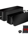 Two Pack Cable Management Box Organizer Set With Two Sizes Medium And Small to hide surge protectors and tidy cables, luxury black.