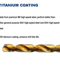 Close-up of a titanium nitride coated drill bit, showing the titanium coating on M2 high-speed steel for enhanced durability.