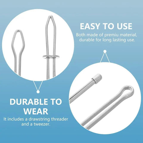 Pro Grade DIY Rope Threader Clip Set showing stainless steel loop turner hooks with latch for easy drawstring insertion.