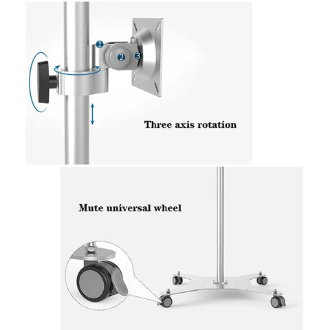 Heavy Duty Floor Standing Monitor Stand With Slick Rolling Wheels And Fold Away Keyboard Tray Fits 10 To 34 Inch Screens Ergonomic Riser Smart Desk Setup Upgrade Hack showing three axis rotation and mute universal wheel.