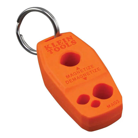 Orange tool with keyring displaying 'magnetize demagnetize' labeled Klein Tools, designed for Magnetizer And Demagnetizer For Screwdriver Bits One Swipe Magnetic Tip Tool With Rare Earth Magnets Handy Home Improvement Gadget To Make Tools Magnetic Or Demagnetize On The Fly Fits Most Screwdrivers.