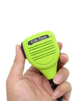 Hand holding a light green 2 Pin K Plug Handheld Speaker Microphone for UV Series Two Way Radios Walkie Talkie Compatible With UV5R BF888S UV82 UV82L UV6R And More.