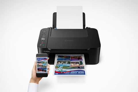 Slick Wireless All In One Home Office Printer Scanner Copier printing colorful brochures from a smartphone with compact design.
