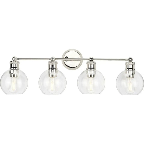 Hansford 4 Light Bath Vanity Fixture In Polished Nickel With Glass Globe Shades For Urban Industrial Vibe Bathroom Lighting