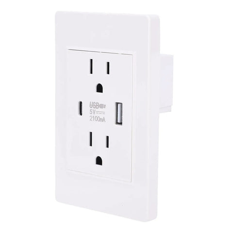 Modern Heavy 15 Amp Wall Receptacle Featuring Legit Dual Usb And Type C Power Nodes Built With Heat Shields Plus Durable Steel Frame For Dead Snappy Device Charging, white finish.