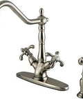 French Country Deck Mount Kitchen Faucet With Brass Sprayer In Brushed Nickel Finish Solid Brass Construction and Side Sprayer