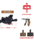 Beefy 2-Piston Hydraulic Disc Brakes Kit For Mountain Bikes with brake caliper, protective plate, and original brake pad details