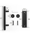 Two Piece Twelve Inch Pull And Flush Barn Door Handle Set In Black For Gates Garages Sheds And Furniture Rustic Two Sided Design With Finger Pull And Long Pull Handle Fits Door Panels From Three Quarters To One And Three Quarters Inch Thick shown disassembled with parts, screws, and wrench visible.