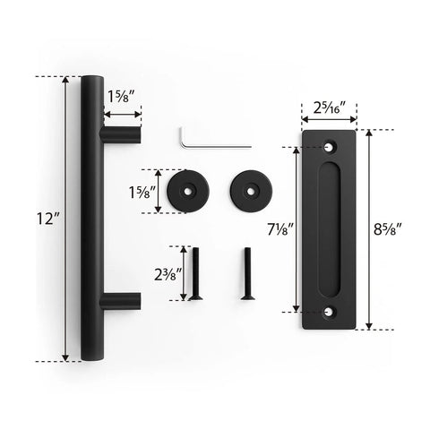 Two Piece Twelve Inch Pull And Flush Barn Door Handle Set In Black For Gates Garages Sheds And Furniture Rustic Two Sided Design With Finger Pull And Long Pull Handle Fits Door Panels From Three Quarters To One And Three Quarters Inch Thick shown disassembled with parts, screws, and wrench visible.