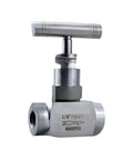 Stainless steel needle valve with T-handle, 1/4 in threaded ends, 6000 PSI, front view.