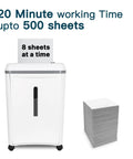 Super Micro Cut P5 Paper Shredder Crushes Eight Sheet Stacks Plastic Cards And Metal Staples As A No Fuss Daily Driver Delivering High Security While Running Quiet Just 54 Decibels For Your Home Office Setup In White with paper stack shown beside.